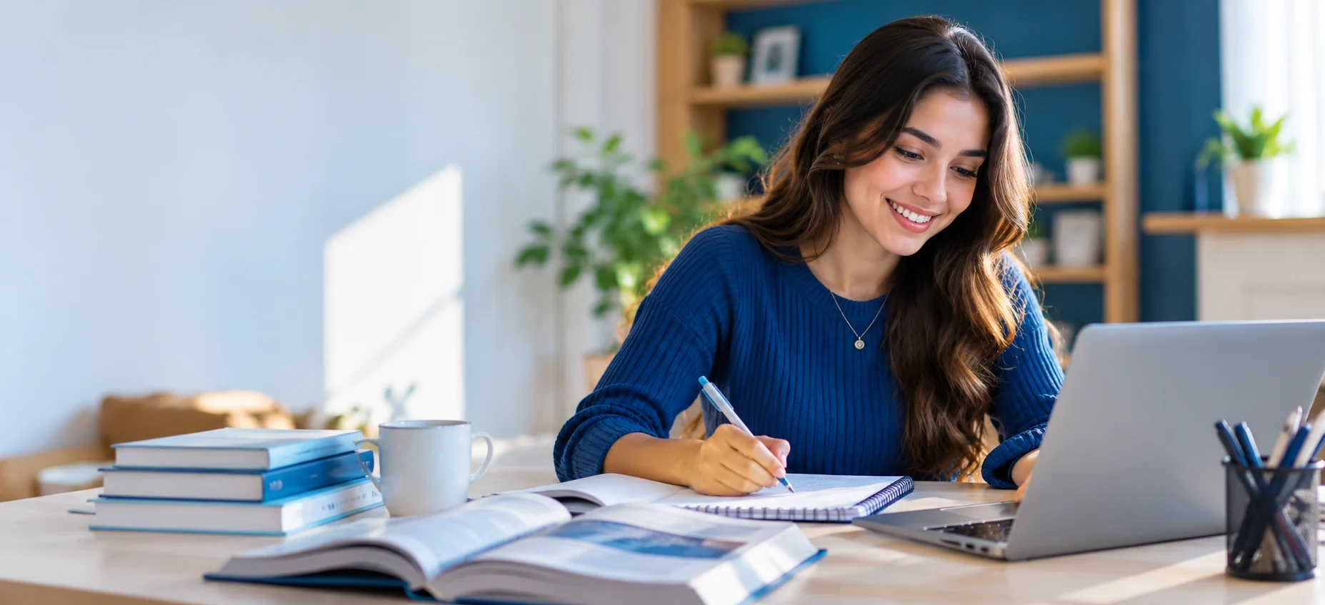 Estudante com notebook e materiais de estudo em casa